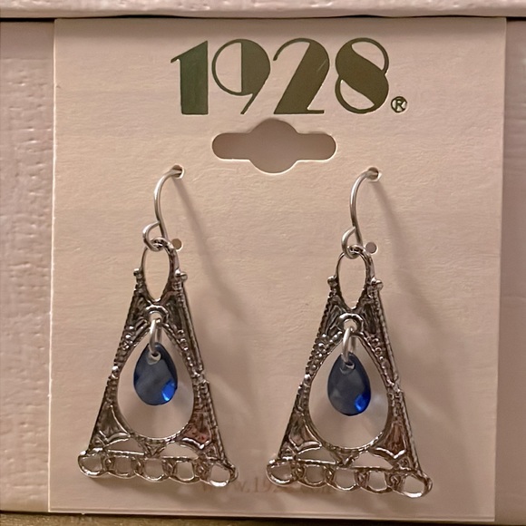 1928 Silvertone Triangle with Blue Gem Drop Earrings - Picture 4 of 4